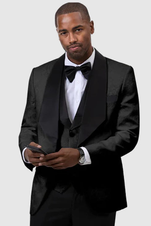 Black Prom Suit - Mens Vested Square Shawl Paisley Prom & Wedding Black Tuxedo